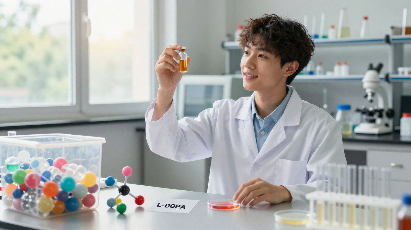 Jovem cientista em laboratório a analisar um frasco com líquido alaranjado, com modelos moleculares na mesa.