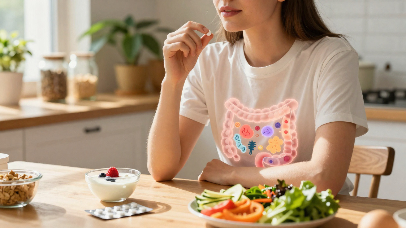 Mulher a tomar suplemento com ilustração do intestino e alimento saudável à frente numa cozinha.