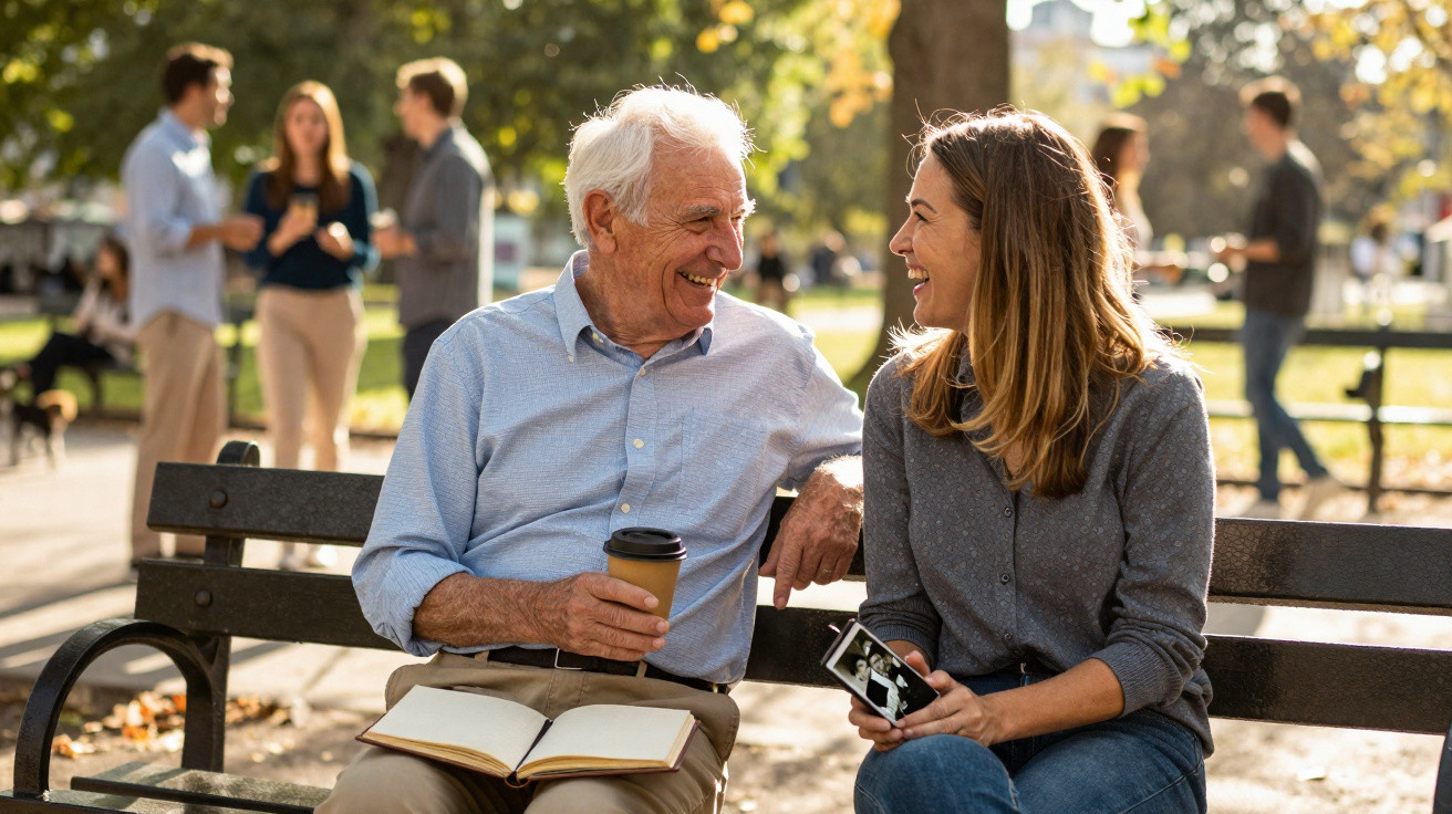 Homem idoso e mulher jovem sentados num banco de parque a conversar, ele com um café e um livro aberto.