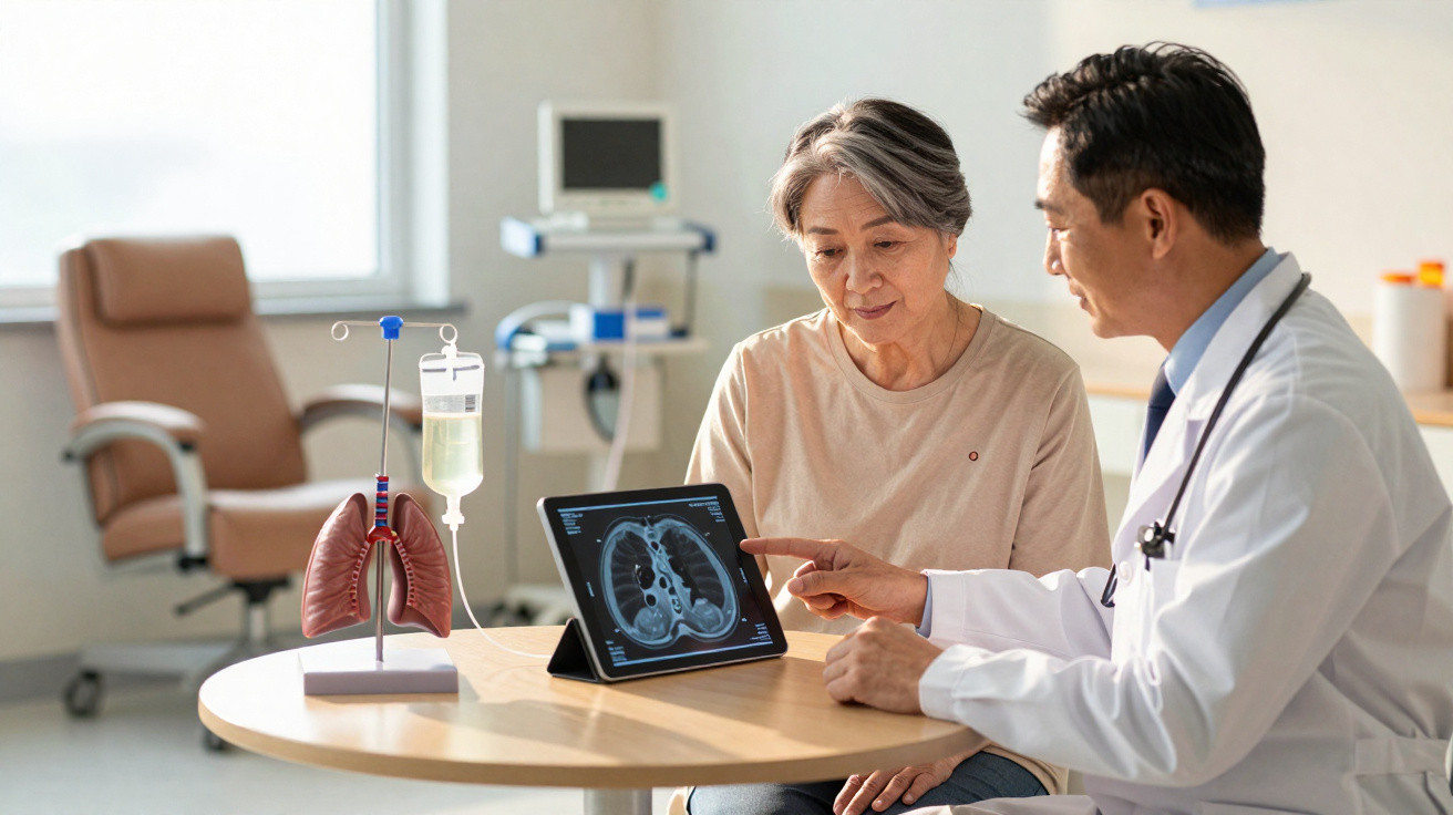 Médico explica radiografia de pulmão a paciente idosa numa consulta numa sala de hospital moderna.