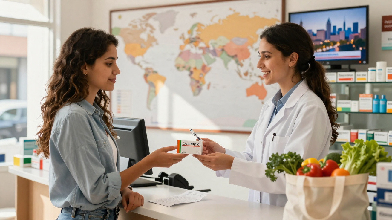 Farmacêutica entrega medicamento a cliente num balcão de farmácia com mapa-mundo ao fundo.
