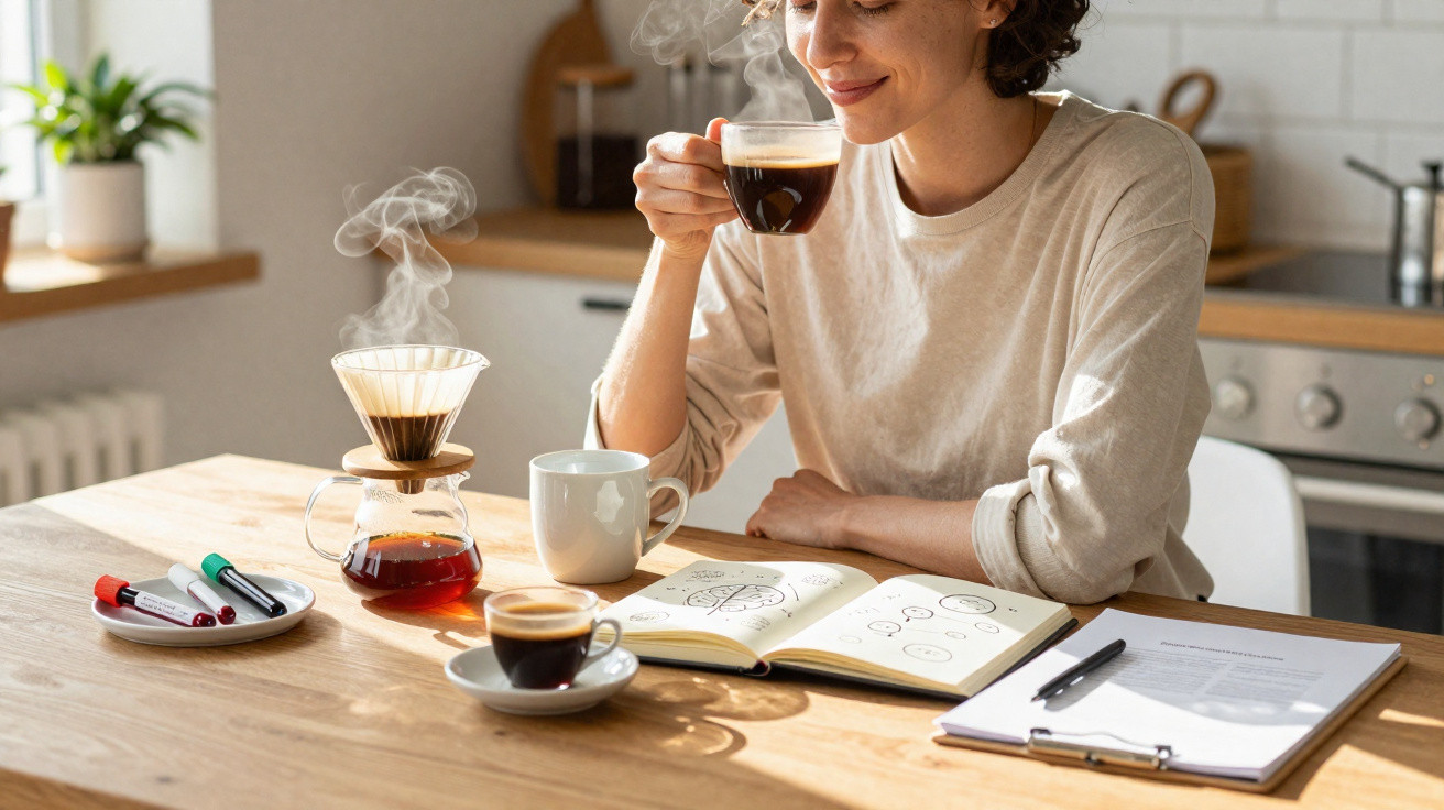 Mulher sentada na cozinha a beber café, com caderno de anotações e cafeteira de filtro na mesa.