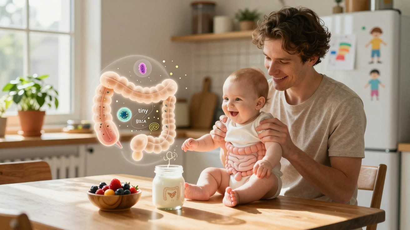 Pai com bebé no colo à mesa, ilustração do sistema digestivo do bebé visível em holograma.