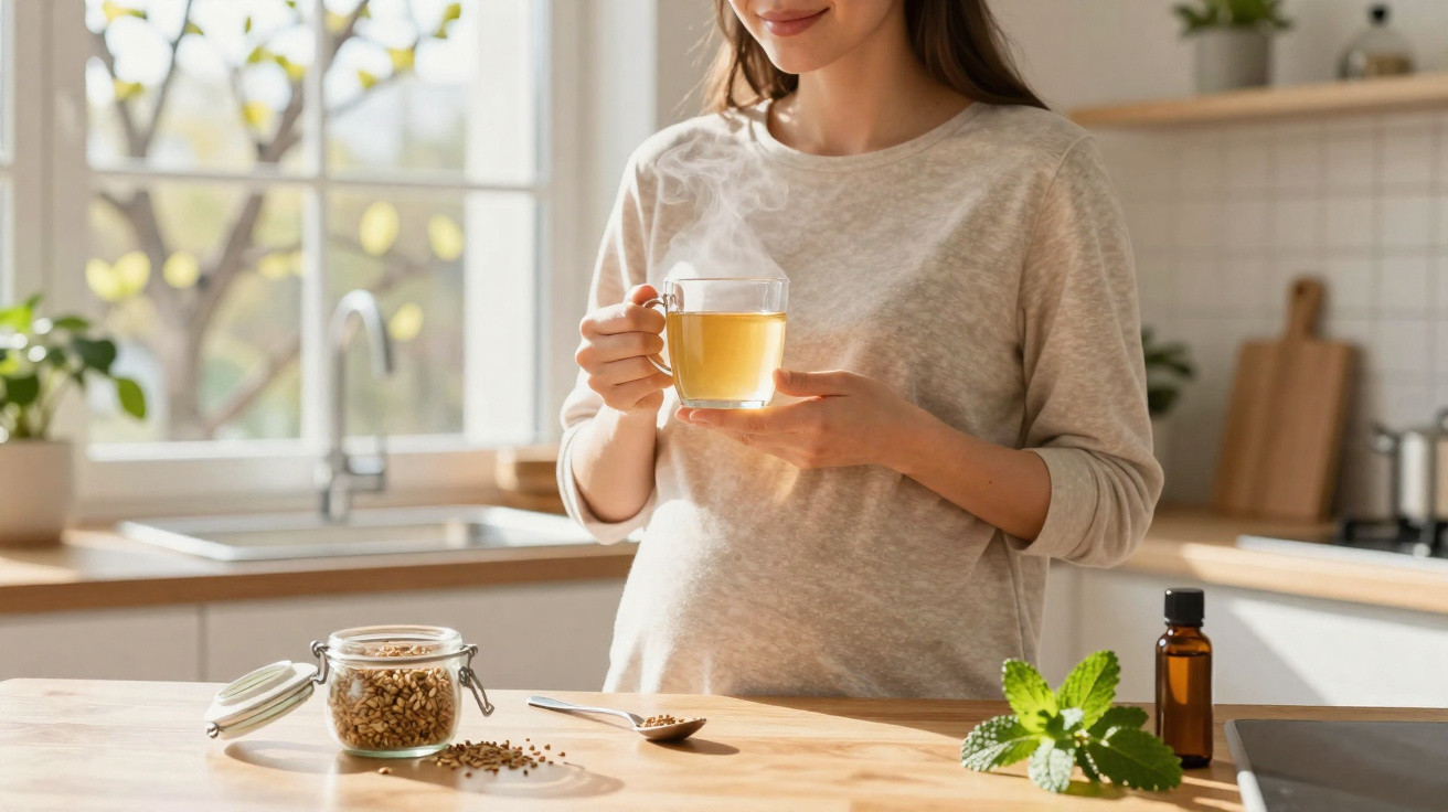 Mulher grávida a segurar chá quente numa cozinha luminosa com jarra de sementes e ervas frescas na mesa.