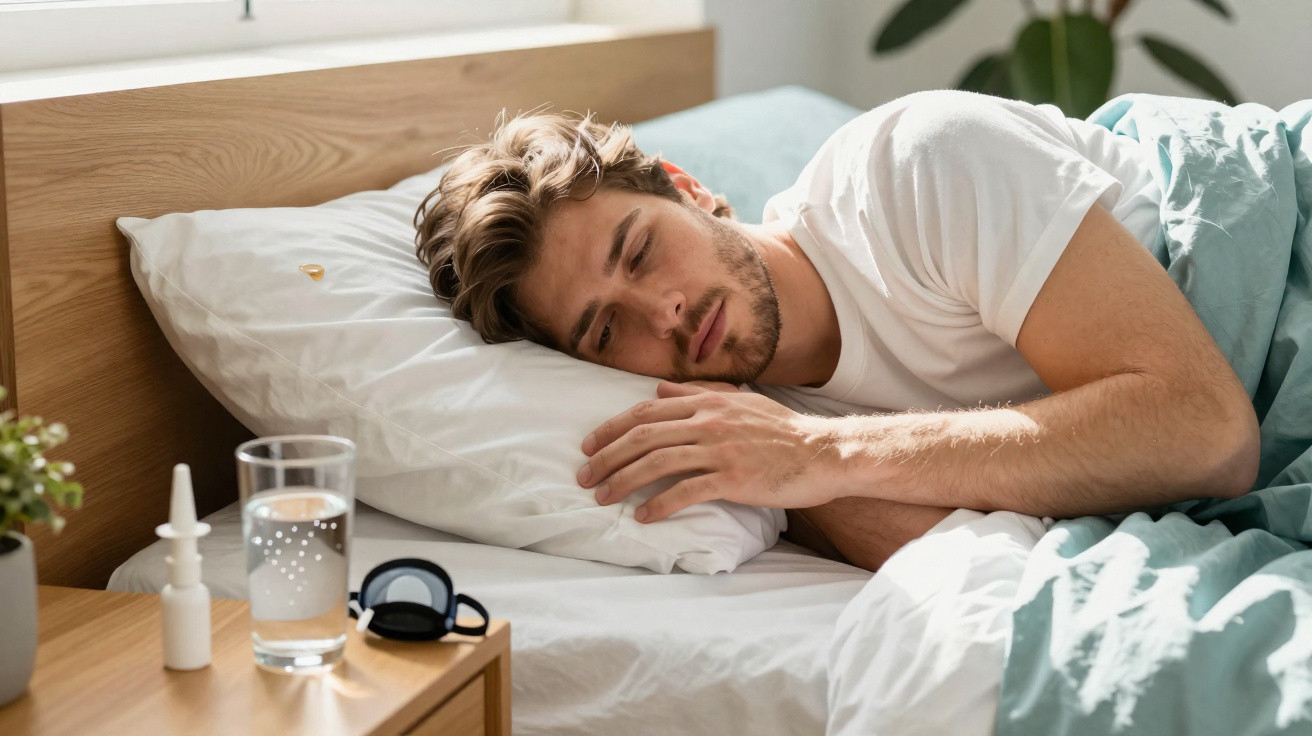 Homem deitado na cama com olhar cansado, com remédios e copo de água na mesa de cabeceira.