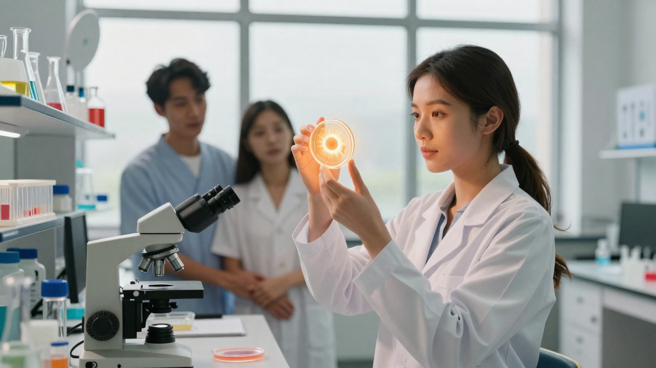 Cientista em laboratório a observar uma placa de Petri iluminada, com colegas ao fundo.