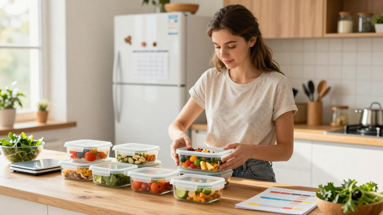 Jovem a organizar recipientes com salada colorida na cozinha clara e moderna.