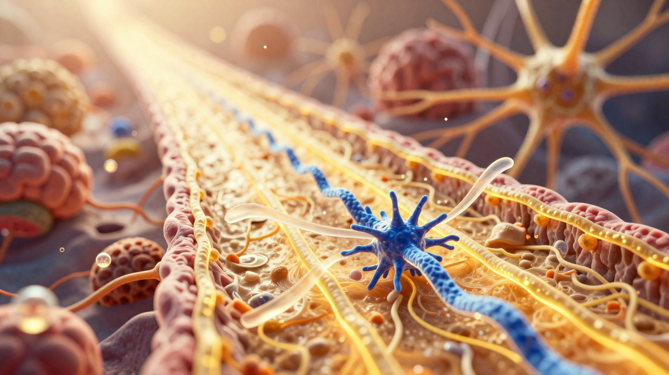 Imagem 3D detalhada de células nervosas com axónios azuis numa rede neural iluminada e colorida.