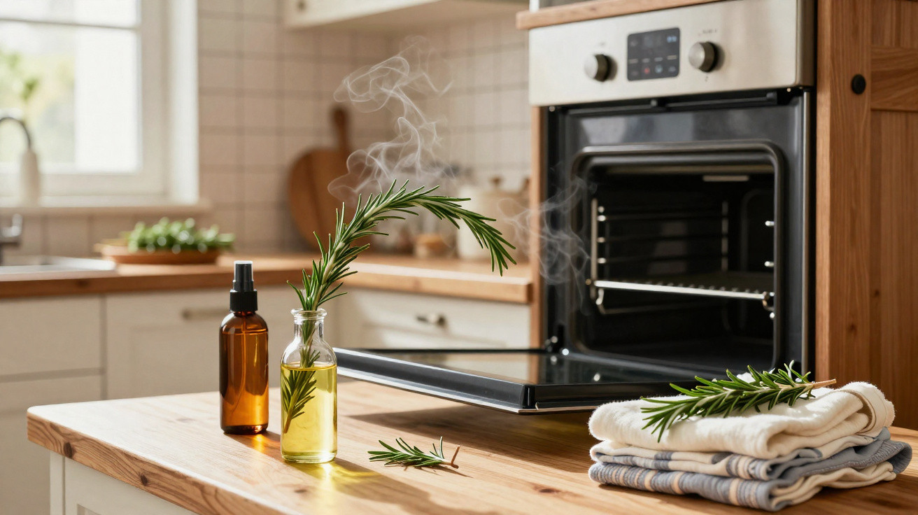 Forno aberto numa cozinha com ramo de alecrim a libertar vapor e toalhas empilhadas na bancada de madeira.