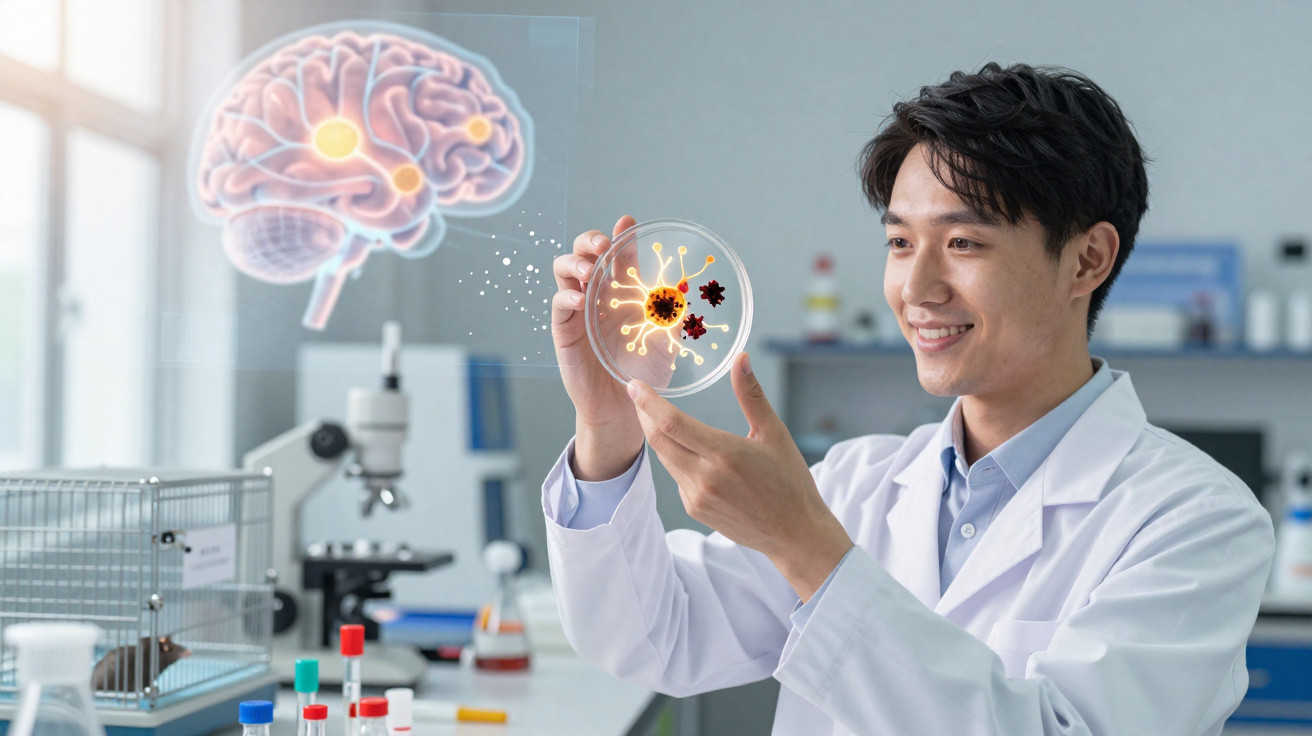 Cientista em laboratório a analisar bactéria numa placa de Petri, com ilustração de cérebro ao fundo.