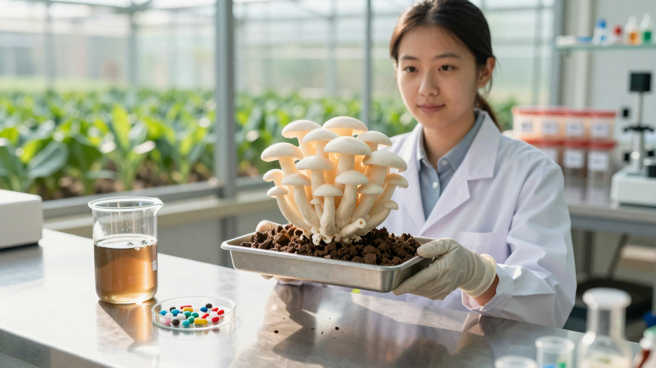 Cientista de bata branca segura tabuleiro com cogumelos brancos cultivados em laboratório.