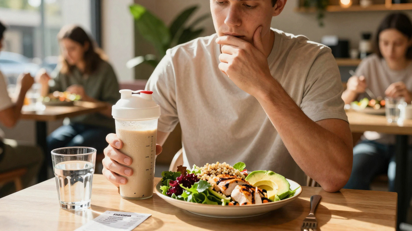 Homem a pensar antes de comer salada com abacate e frango num restaurante, com copo de bebida à frente.