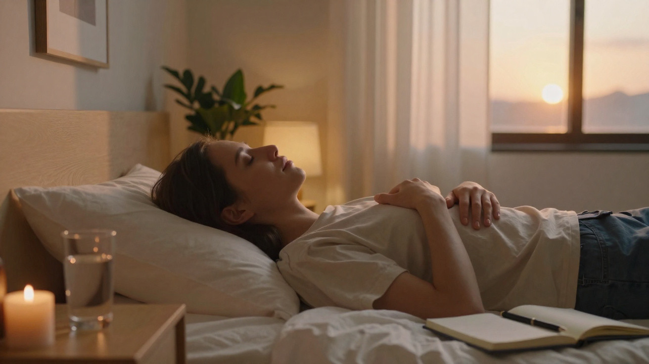 Mulher deitada na cama com os olhos fechados ao pôr do sol, ao lado de vela acesa, copo de água e caderno aberto.