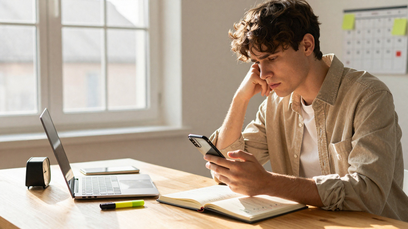 Jovem sentado à mesa a olhar para o telemóvel, com um caderno, computador portátil e caneta à sua frente.