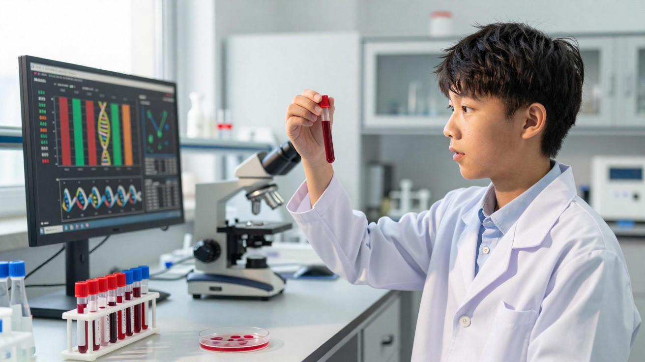 Cientista em bata branca examina amostra de sangue em tubo num laboratório com microscópio e gráficos no computador.