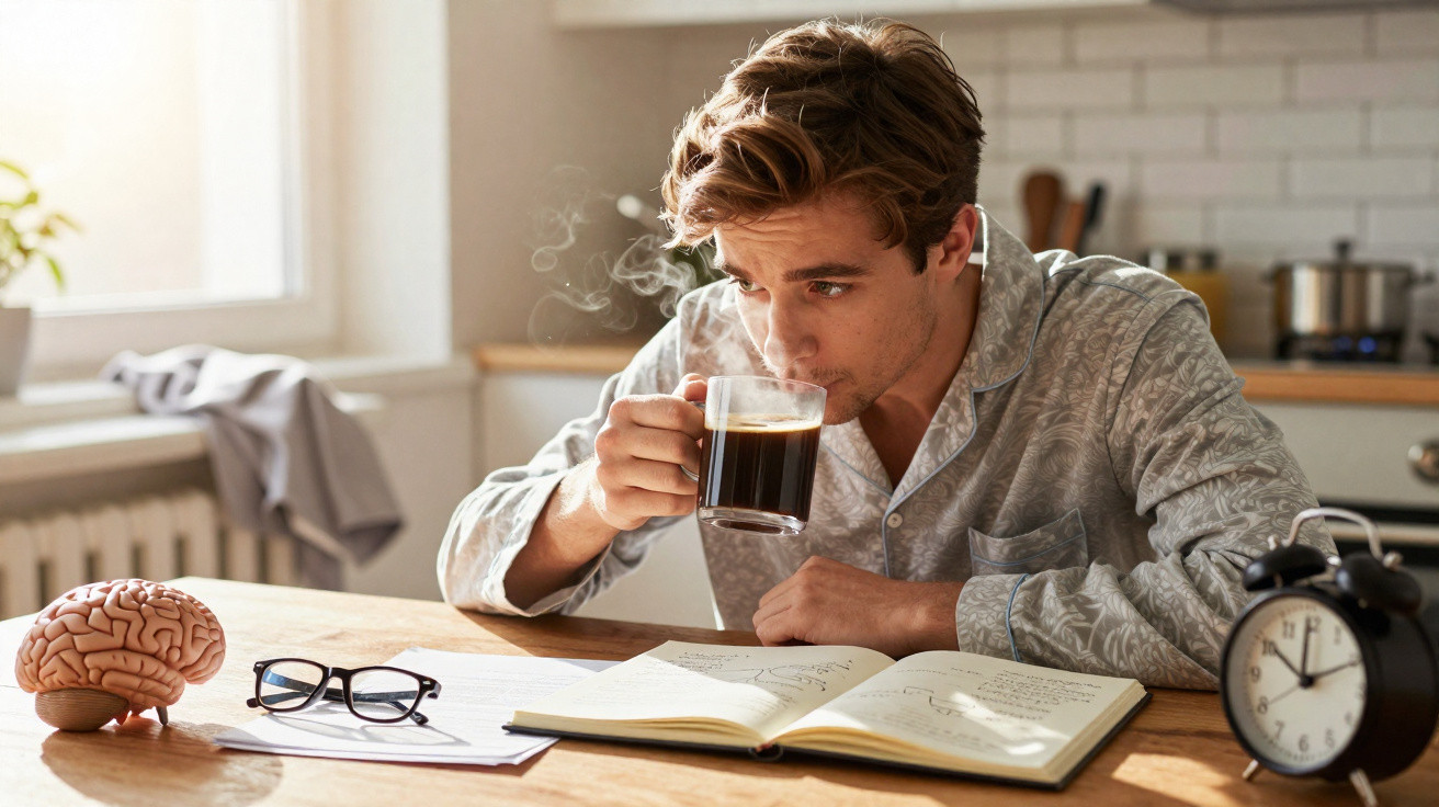 Homem a beber café numa cozinha, sentado à mesa com caderno aberto, óculos, despertador e modelo de cérebro.
