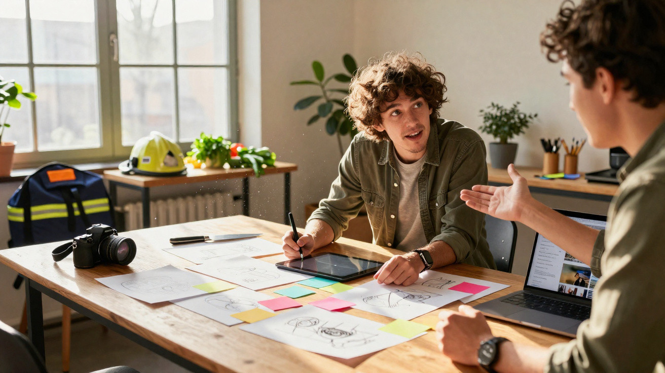 Dois jovens colaboram em projeto criativo com desenhos, post-its e laptop numa mesa de trabalho iluminada.