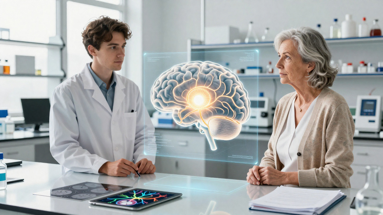Médico explica exame cerebral digital a mulher idosa num consultório moderno e equipado.