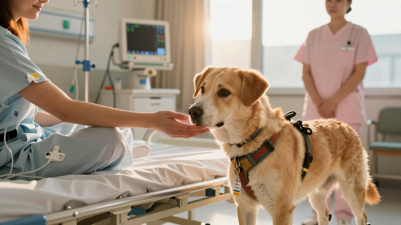 Cão de terapia recebe carinho de profissional de saúde junto a cama hospitalar, com outra assistente ao fundo.