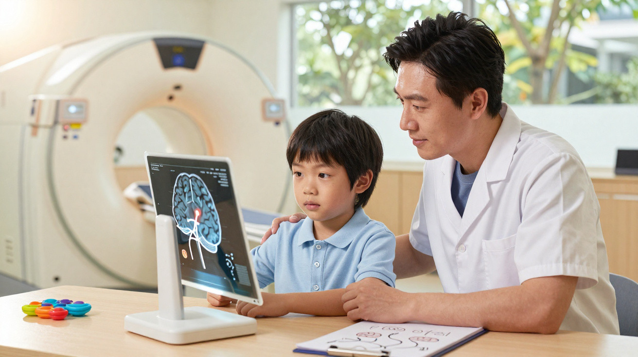 Criança e médico analisam imagem digital do cérebro numa clínica médica com equipamento de ressonância.