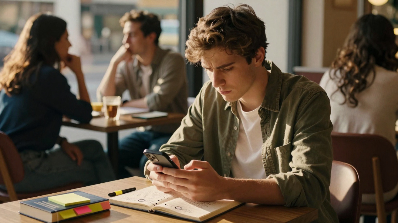 Jovem sentado numa mesa de café a usar telemóvel, com caderno e livros à sua frente e outras pessoas ao fundo.