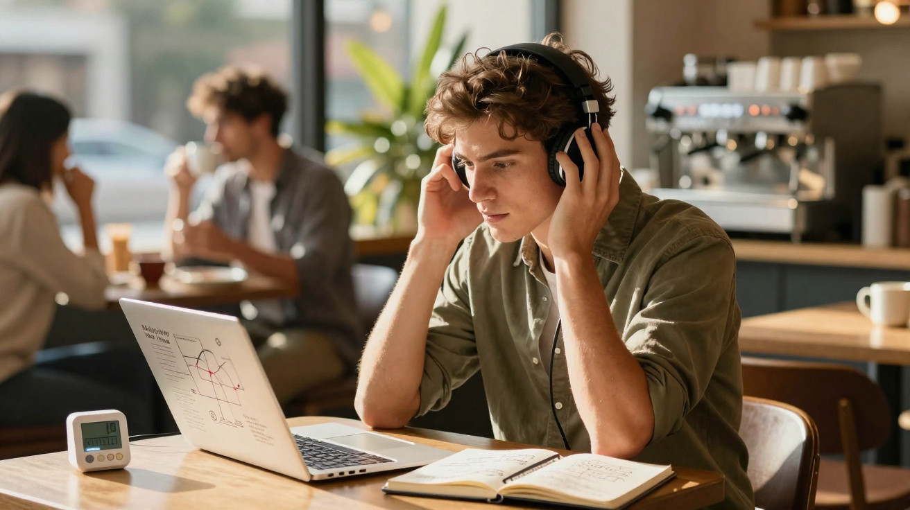 Jovem com headphones a estudar num café, com computador portátil e caderno à sua frente.