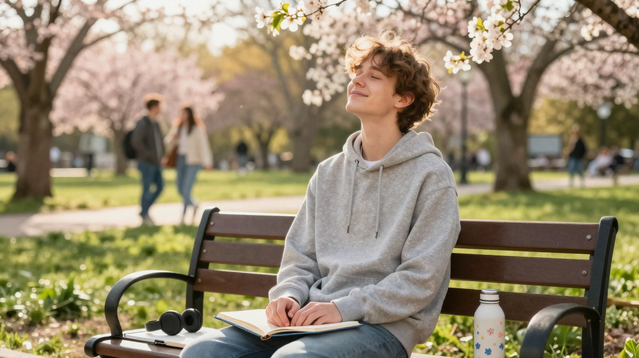 Jovem sentado num banco sob árvores floridas, a apreciar a natureza com livro aberto no colo.
