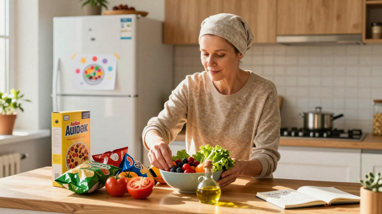 Mulher a preparar salada numa cozinha moderna com legumes, snacks e azeite na bancada.