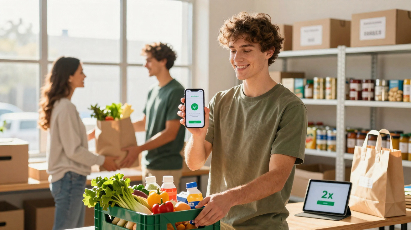 Jovem mostra confirmação num telemóvel ao embalar alimentos frescos para doação numa loja comunitária.