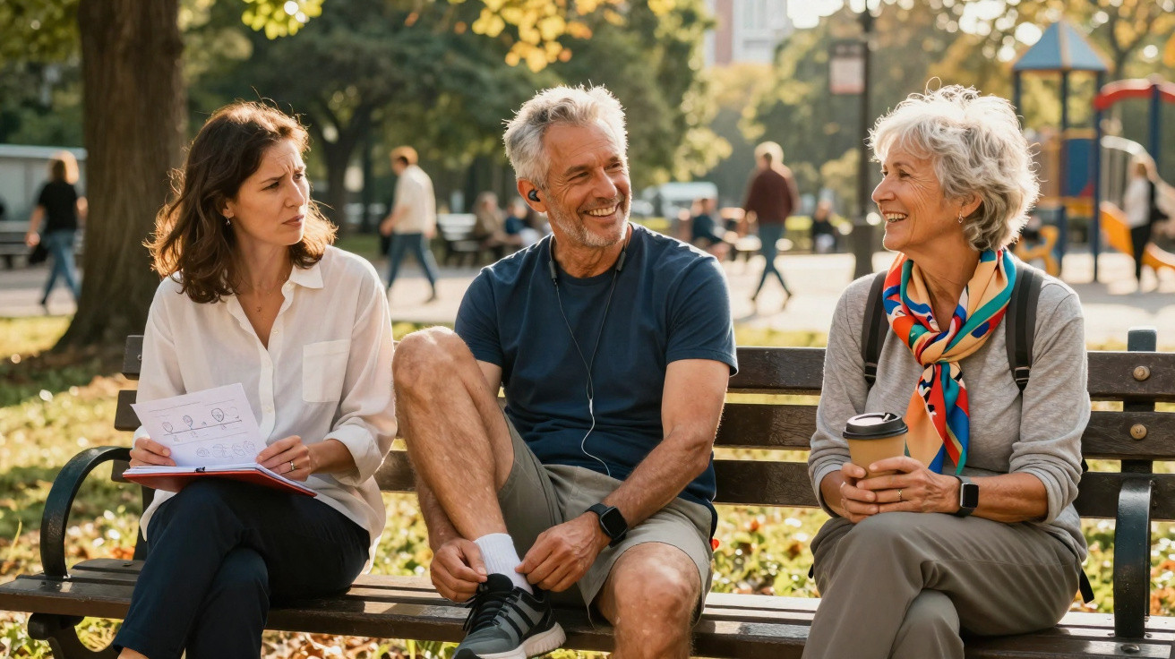 Três adultos sentados num banco no parque, conversando e segurando papéis e um café para viagem.