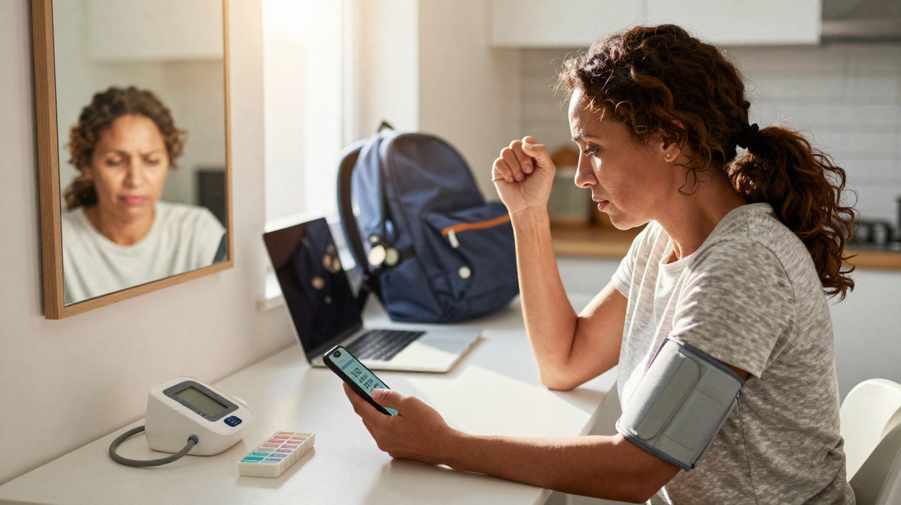 Mulher com monitor de pressão no braço consulta resultados no telemóvel, sentada numa mesa com laptop e caixa de medicamentos