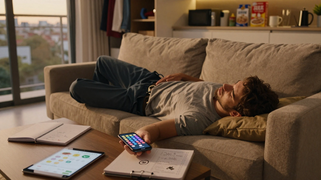 Homem deitado no sofá a usar telemóvel, com cadernos e tablet numa mesa de centro numa sala iluminada.
