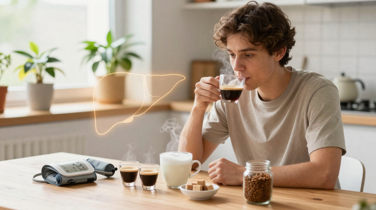 Jovem a beber café numa cozinha, com vários copos de café, leite e um aparelho de medição de pressão arterial.