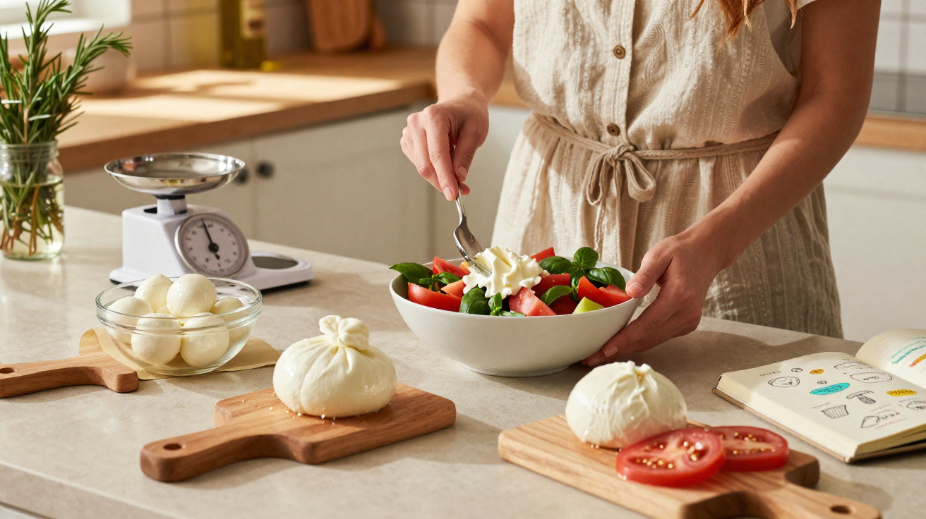 Pessoa a preparar salada fresca com queijo fresco, tomates e folhas verdes numa cozinha luminosa.