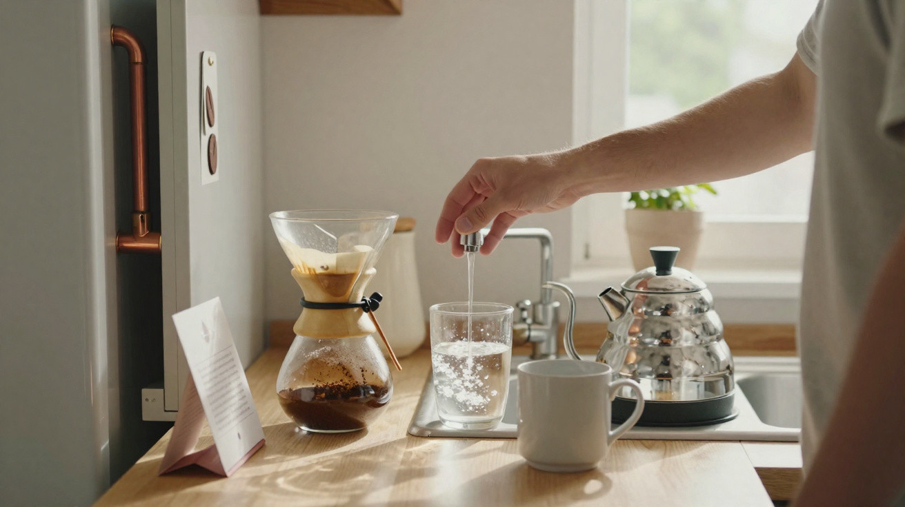 Pessoa a preparar café com equipamento de filtro em cozinha iluminada por luz natural.