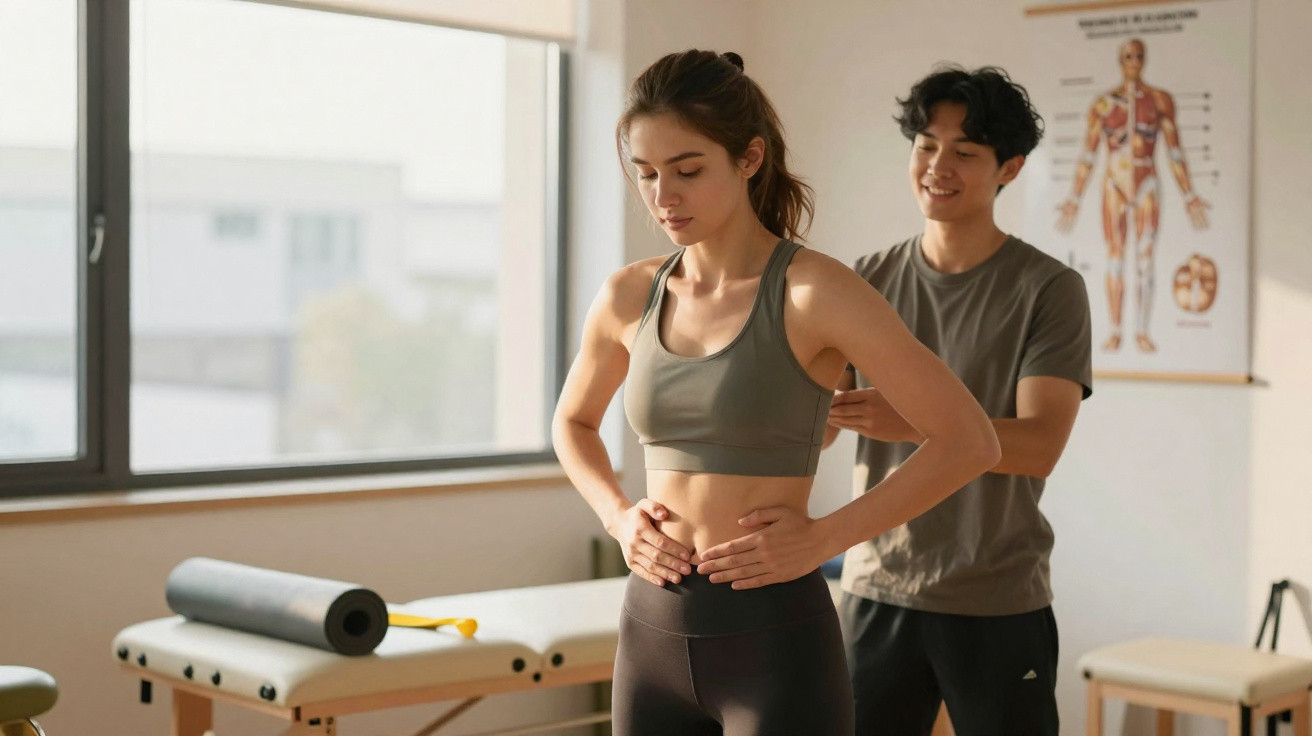 Fisioterapeuta a realizar avaliação postural numa mulher jovem numa clínica de reabilitação.