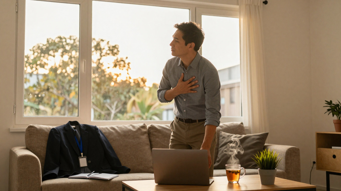 Homem de pé na sala com a mão no peito, aparentando dor, próximo a sofá, laptop e chá quente na mesa.