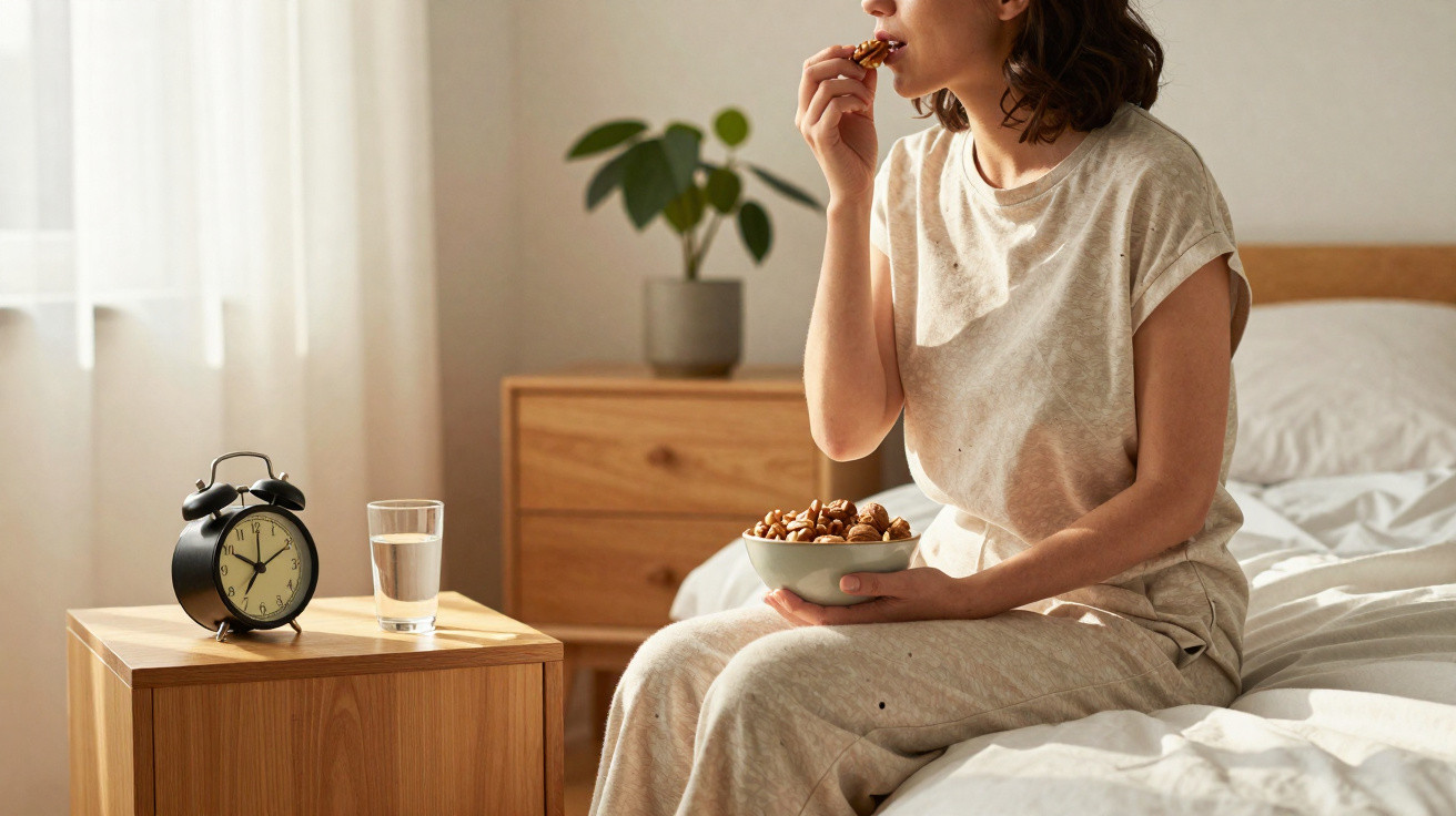 Mulher sentada na cama a comer frutos secos numa taça, com mesa de cabeceira e relógio ao lado.