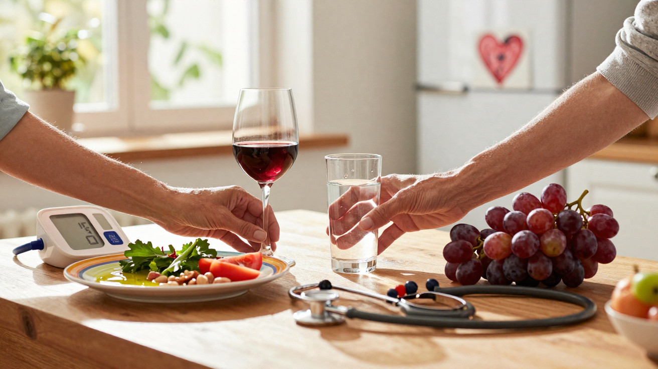 Duas pessoas trocam copos na cozinha com comida saudável, um esfigmomanómetro e um estetoscópio na mesa.