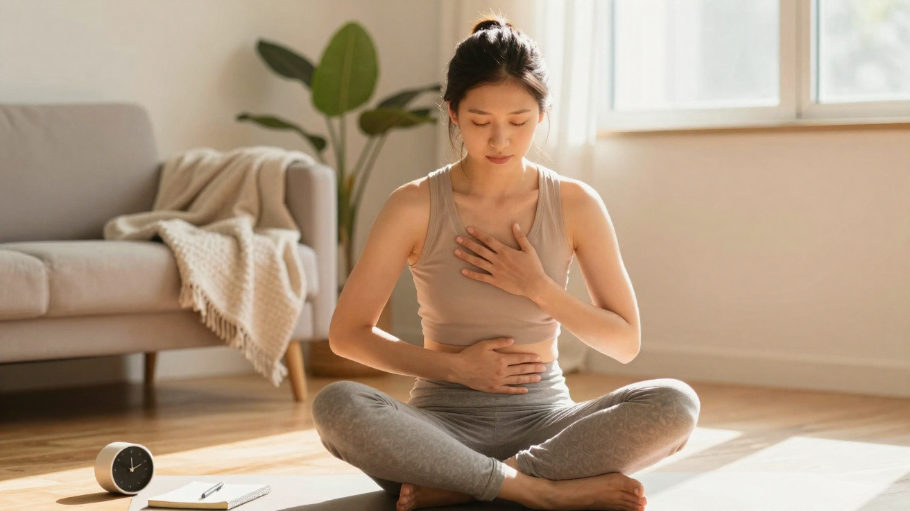 Mulher sentada de pernas cruzadas, a meditar e a fazer respiração profunda numa sala iluminada.