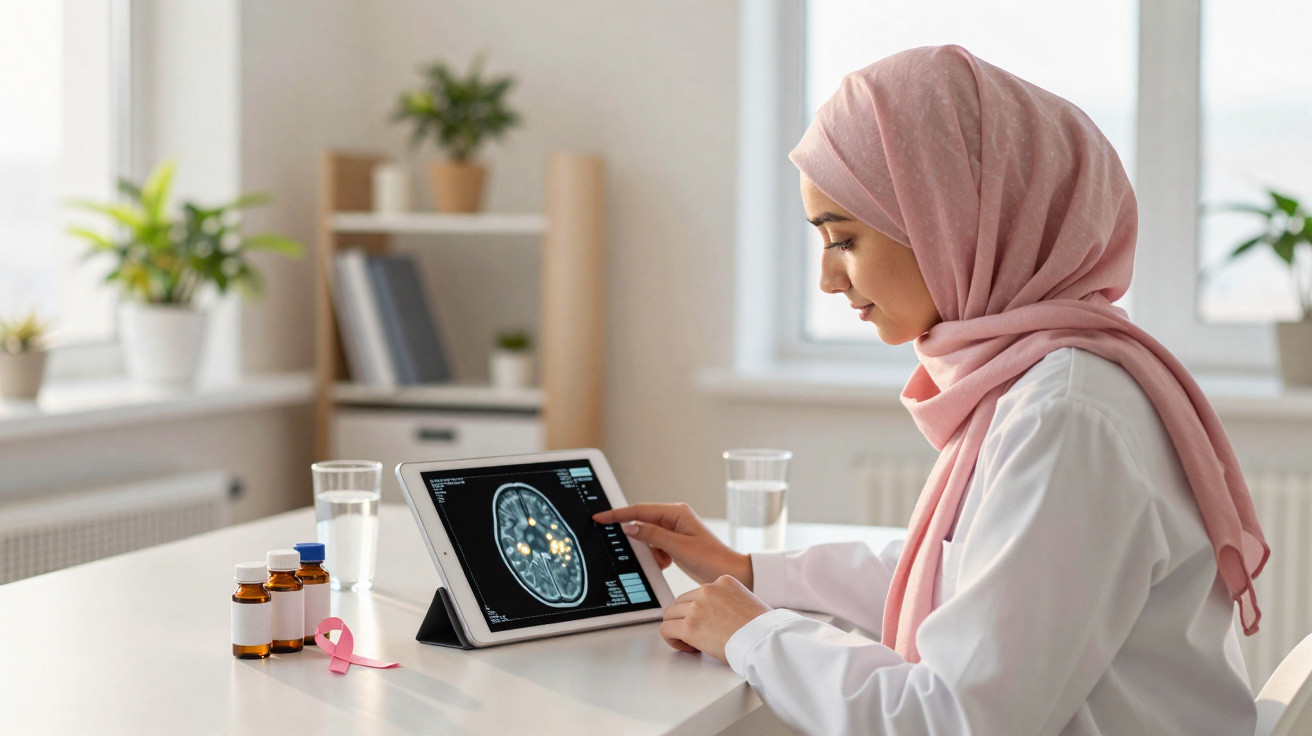 Mulher médica de hijab rosa analisa imagem cerebral num tablet com frascos de medicamentos e laço rosa na mesa.