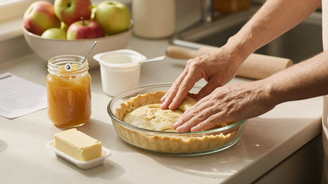 Pessoa a preparar uma tarte numa bancada com maçãs, manteiga, compota e iogurte.