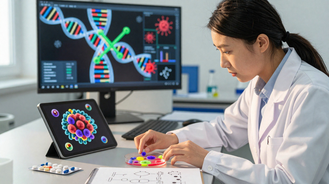 Cientista a analisar células coloridas em placa de Petri com modelos genéticos no ecrã e tablet.