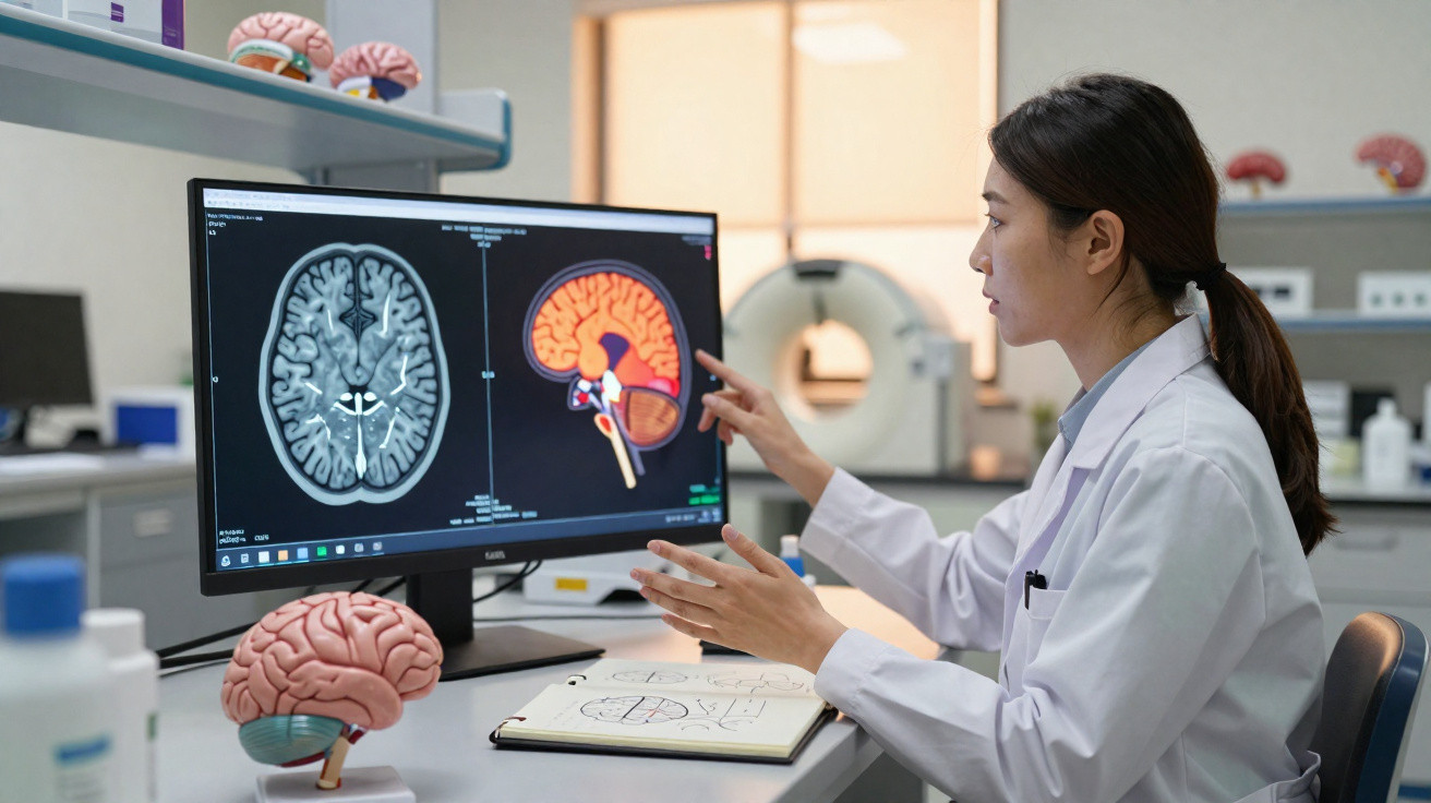 Mulher cientista de bata branca analisa imagens cerebrais no ecrã de um computador numa sala de laboratório.
