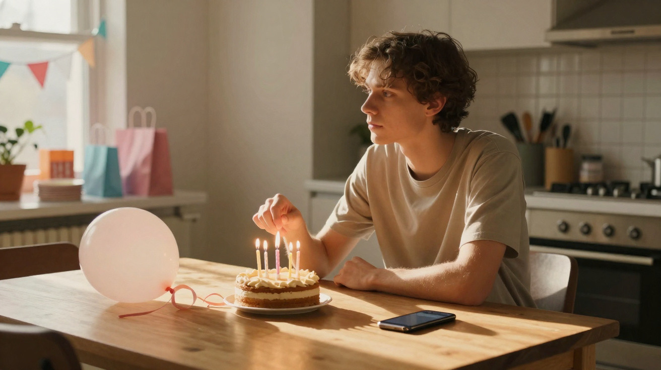 Jovem sentado à mesa acendendo velas de aniversário num bolo, com balão branco ao lado.