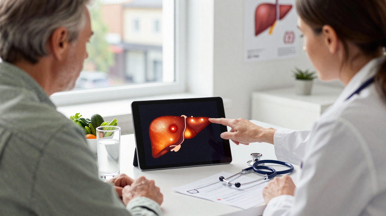 Médica explica a um idoso detalhes do fígado numa imagem digital num tablet durante consulta.