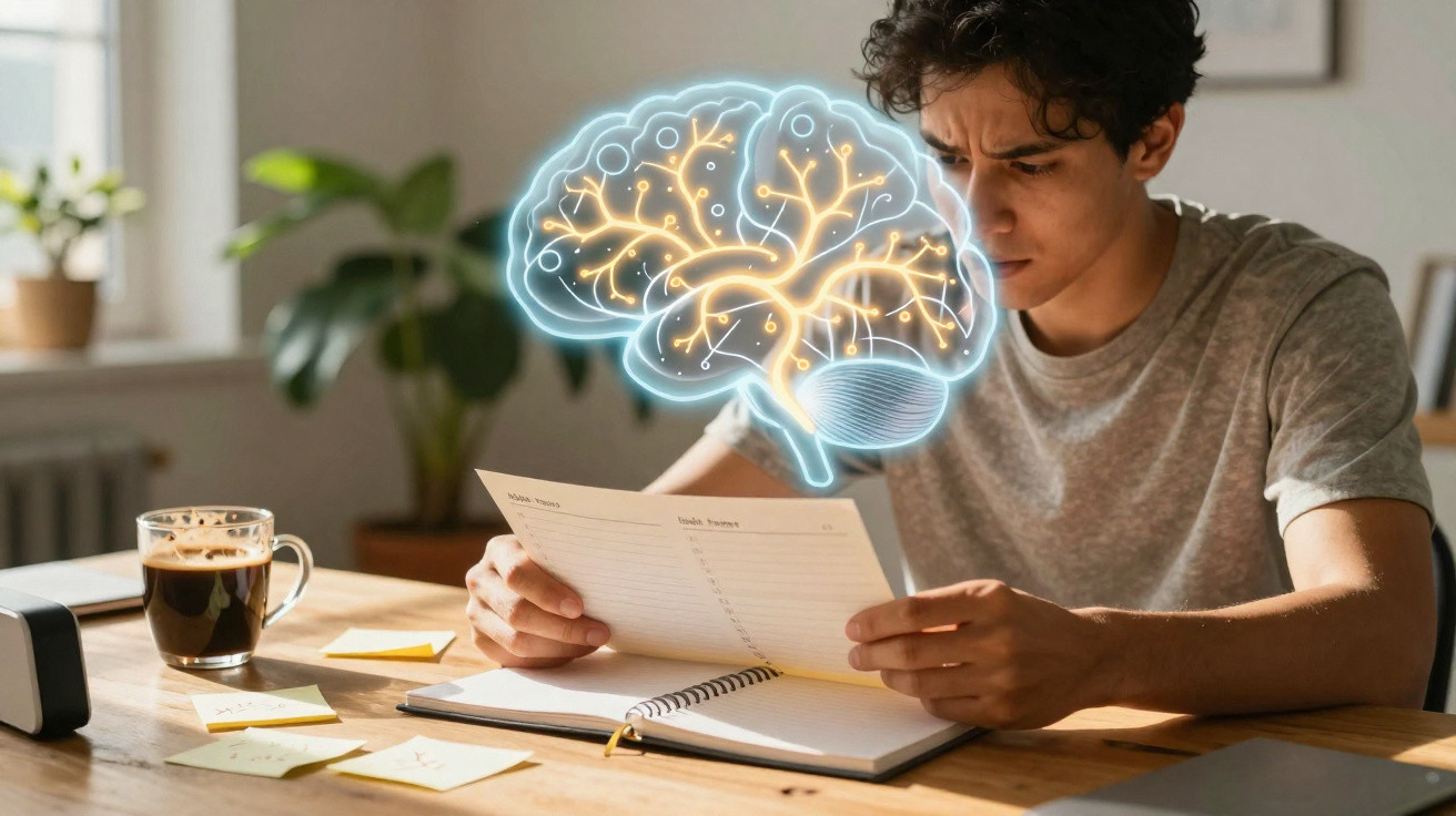 Jovem concentrado a estudar com ilustração digital de cérebro luminoso sobreposto.