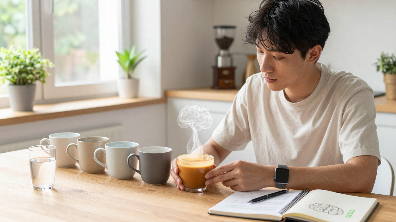 Jovem sentado à mesa com várias chávenas e um caderno, segurando chávena de café quente com vapor.