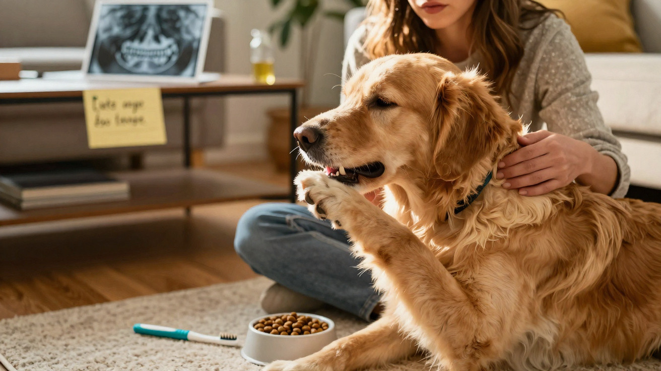 Mulher sentada no chão a acariciar um cachorro golden retriever com comida e escova por perto.