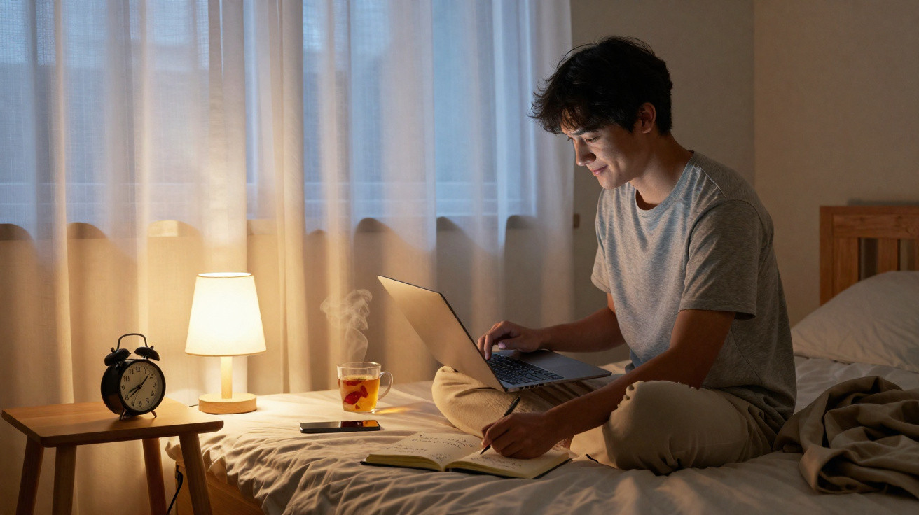 Jovem sentado na cama a usar portátil e a escrever num caderno, com chá e alarme na mesa ao lado.